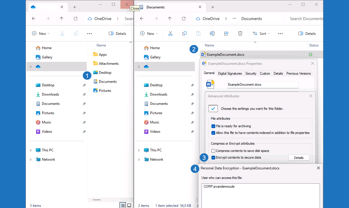 File Explorer and file properties: PDE yellow lock and encryption indicators